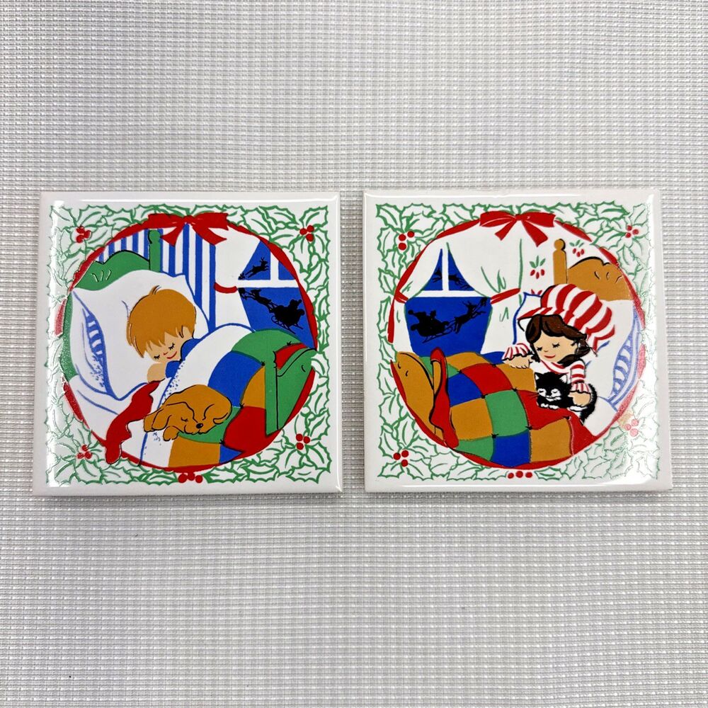 Vintage 1980 Jasco Christmas Trivets Coasters Children Sleeping 4.25" Footed NOS
